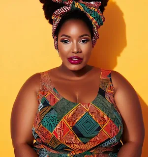 plus size models wearing kente cloth head wraps and dresses