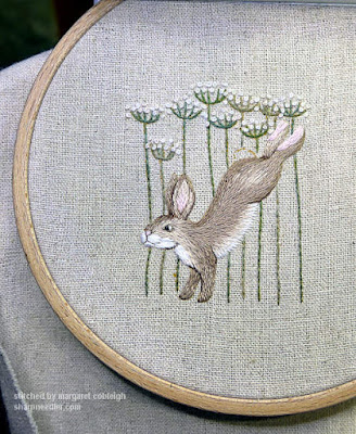 Jenny McWhinney's Queen Anne's Lace Travelling Work Station: Embroidered hare and flowers nearly complete