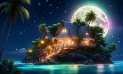 small island cay on the sea with hut home and full moon behind