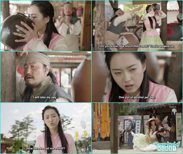  when the shop owner didn't give a ro the overdue pay she drink a jar of expensive wine and while coming back end up in arms of moo myung - Hwarang - Ep 1 