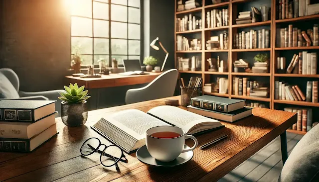 A modern study setup with an open book, glasses, and a cup of tea on a sleek wooden desk, with a bookshelf and soft natural light creating a peaceful learning environment.