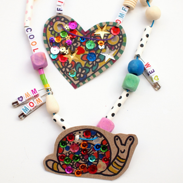 Super cute and fun kids craft- cardboard and safety pin necklace