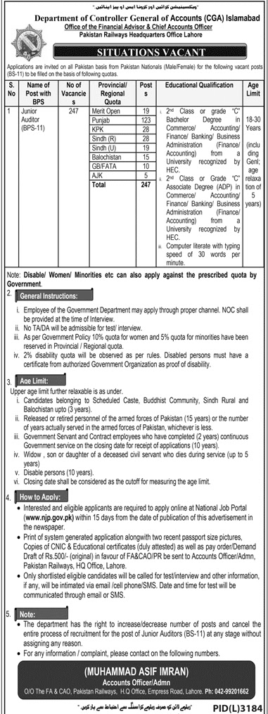 Pakistan Railways Jobs in Pakistan 2023 | Controller General of Accounts CGA Jobs 2023 Apply via NJP
