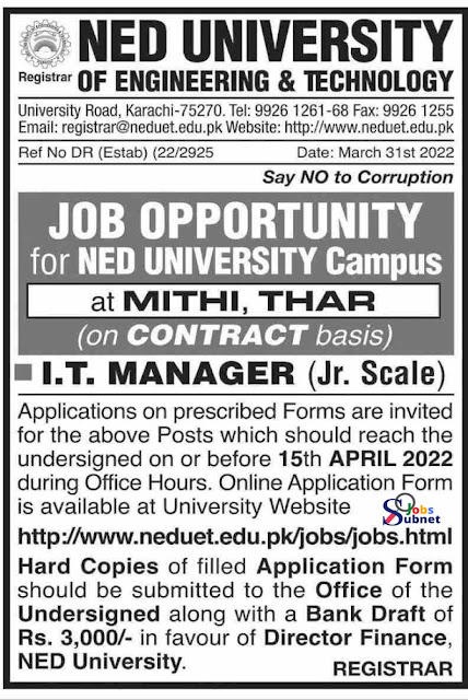 Latest NED University of Engineering and Technology NEDUET Govt Jobs 2022 Advertisement