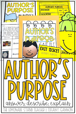 Author's purpose anchor chart, author's purpose activities, printables, and more!  Tips and tricks for teaching students to determine the author's main purpose for writing a text, including what an author want to answer, explain, or describe.