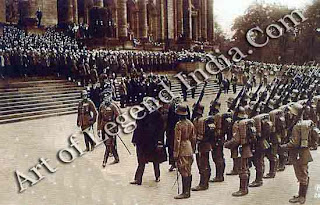 President Hindenburg on duty, On 12 May 1925, Field-Marshal von Hindenburg was formally sworn in as the new Reichspresident in the Reichstag building. His victory over the Russians at Tannenberg and the Masurian Lakes in 1914 had elevated him to the status of national hero and for the last year of the war he had been effectively in control of German civil and military policy. With defeat came revolution, the establishment of the Weimar Republic and the resultant tensions between the rightist old guard and the stirrings of leftist change. Hindenburg, already in his late seventies, had little influence on policy during his two terms as president; his acceptance of Hitler as Chancellor in 1933 spelt the end of the Republic. Here the newly appointed Reichspresident inspects a military parade after leaving the Reichstag.