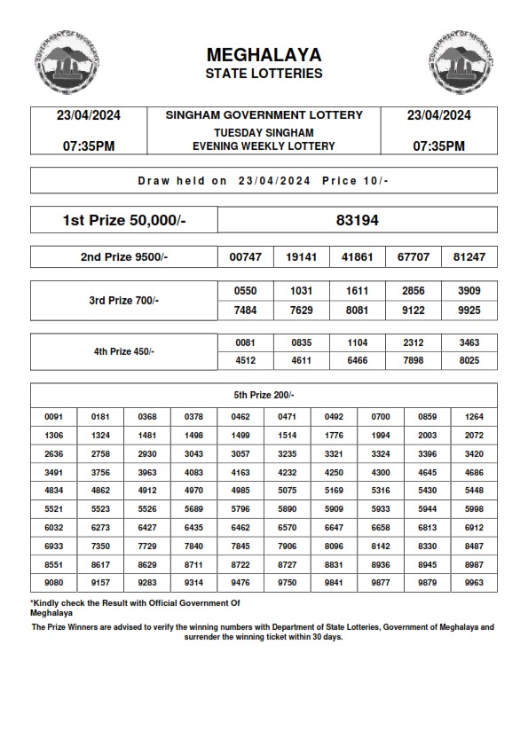 singham lottery result 7:35pm