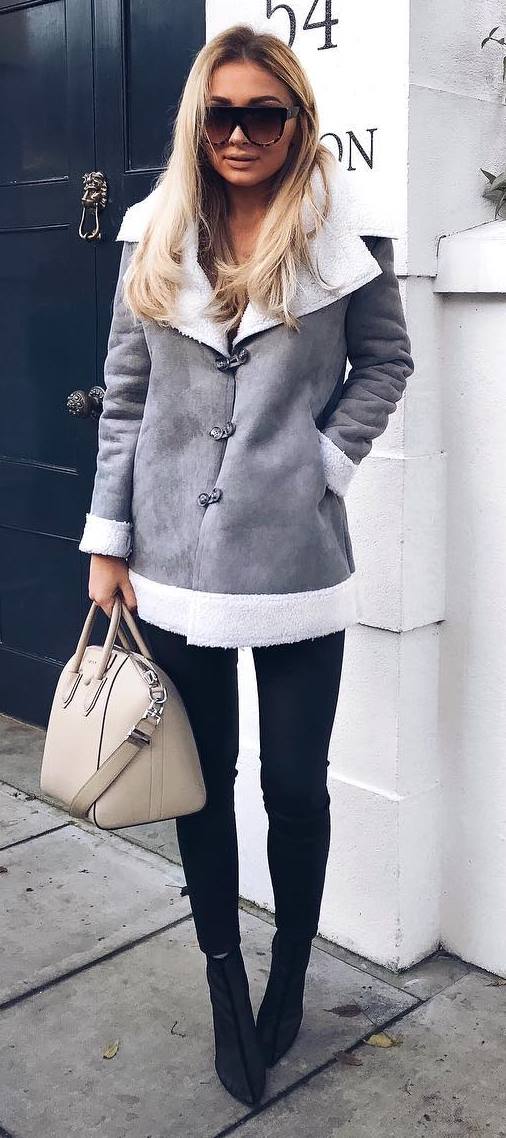 fall fashion trends: grey jacket + bag + black skinnies + heels