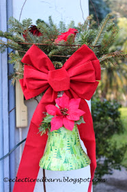 Eclectic Red Barn: Pine wire baskets with birds, ribbons, and a bell