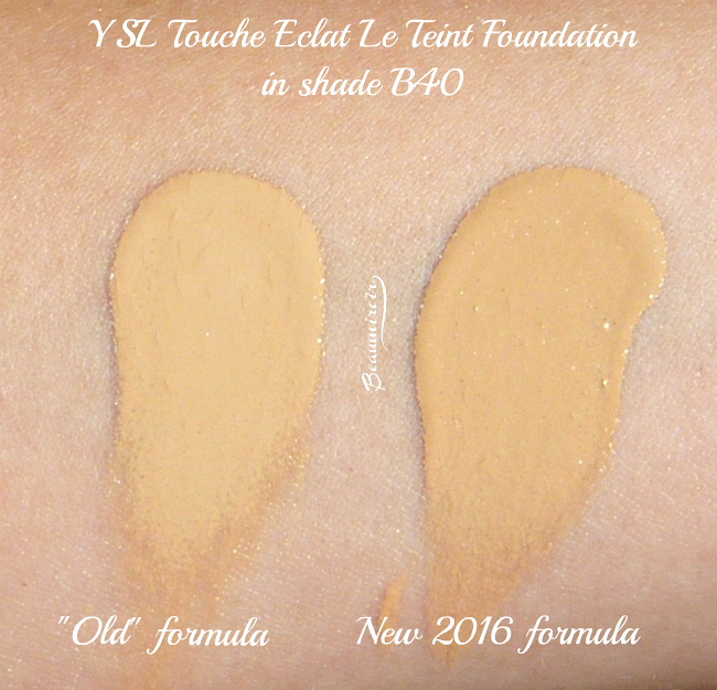Comparative swatches Yves Saint Laurent Touche Eclat Le Teint old & new formula in B40