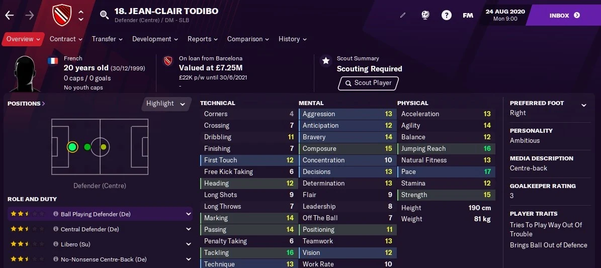 Jean-Clair Todibo: Starting Attributes in FM2021