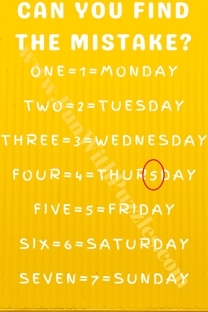 CAN YOU FIND THE MISTAKE? ONE=1=MONDAY, TWO=2=TUESDAY, THREE=3=WEDNESDAY, FOUR=4=THUR5DAY, FIVE=5=FRIDAY, SIX=6=SATURDAY, SEVEN=7=SUNDAY