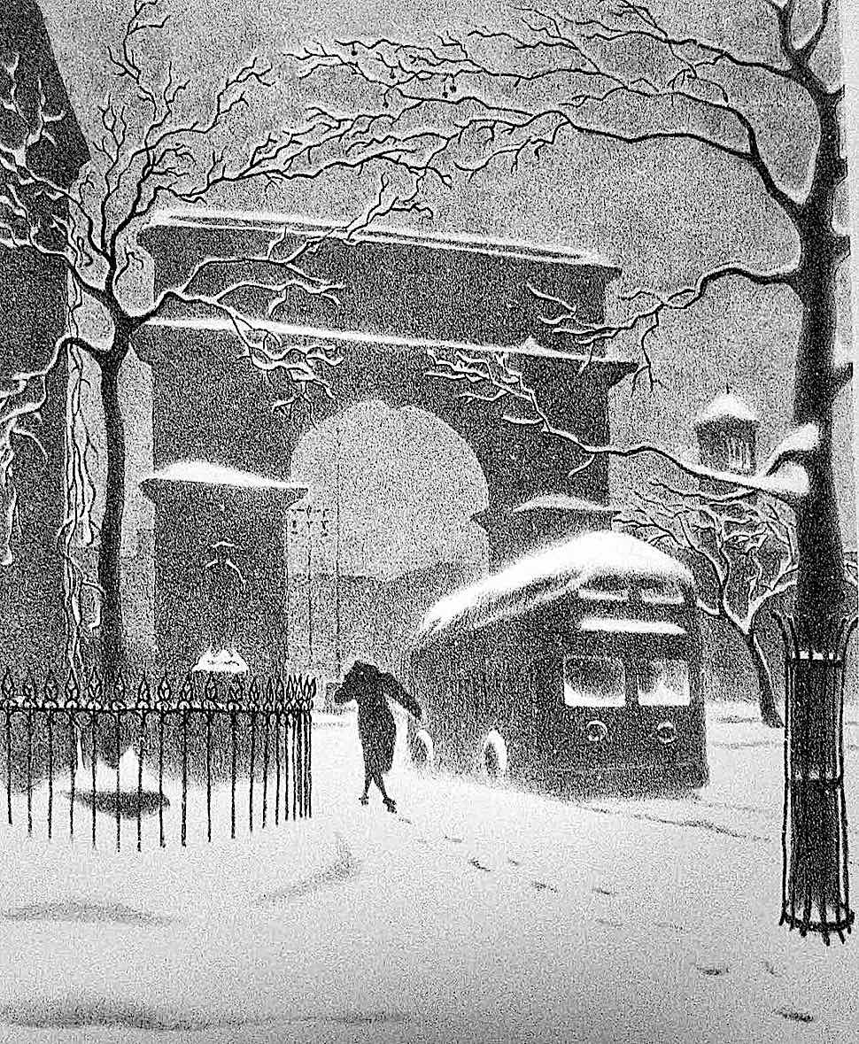 a 1940 Ellison Hoover print, a woman walking in an urban snow storm