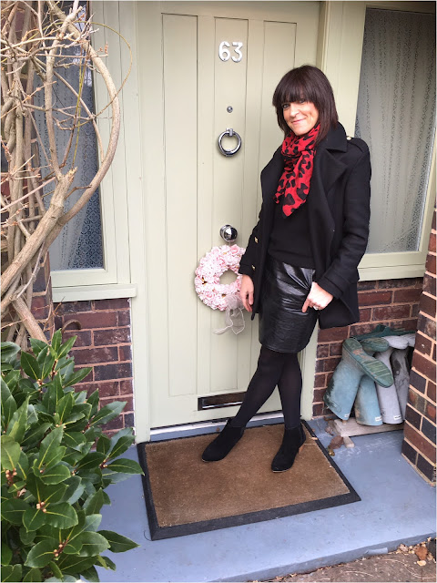 My Midlife Fashion, zara red leopard print scarf, zara military reefer jacket, pleather, faux leather a line skirt, mango suede ankle boots