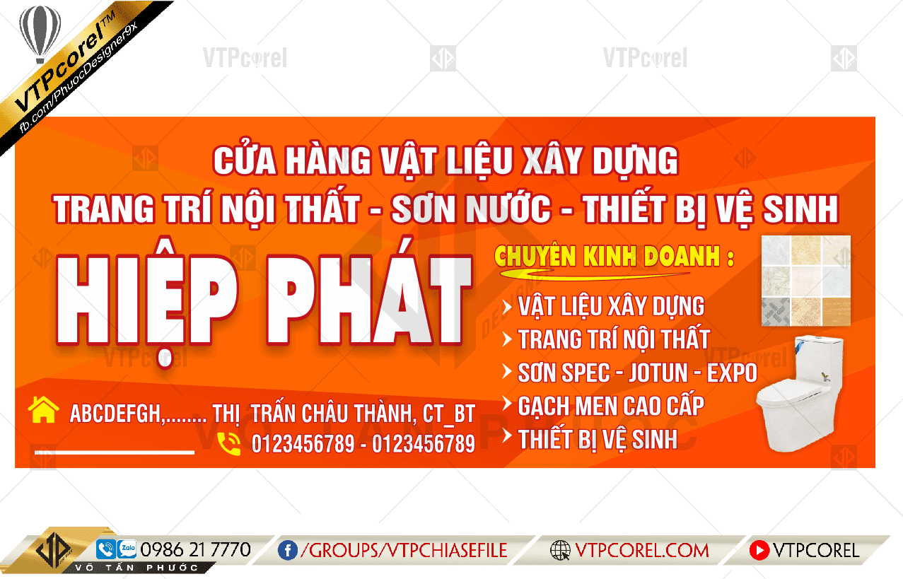 Bảng hiệu cửa hàng vật liệu xây dựng nền cam nổi bật CDR12