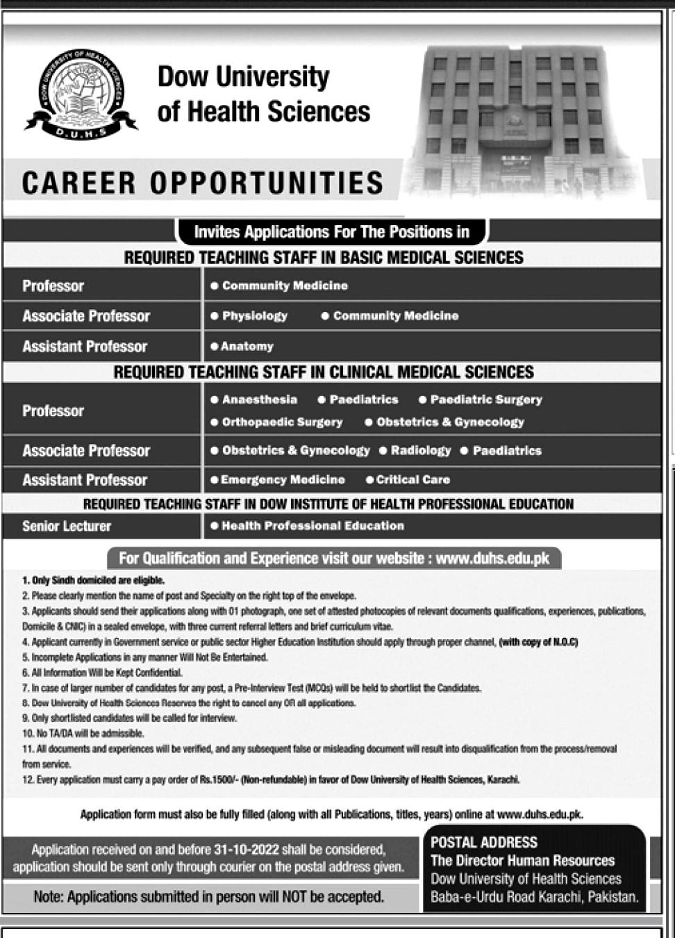 Dow University of Health Sciences DUHS 2022 jobs- www.duhs.edu.pk