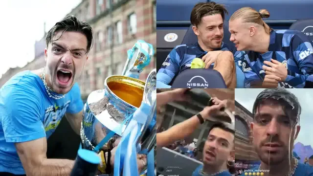 WATCH: Haaland pours drink on Grealish's head 🤣