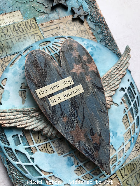 MDF Tag with Tim Holtz Globe die and ephemera