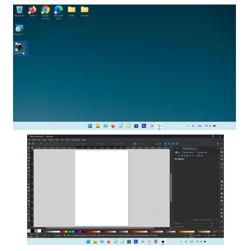 The top image displays the cursor double clicking the Inkscape shortcut on the Desktop. The bottom image displays the open Inkscape window.