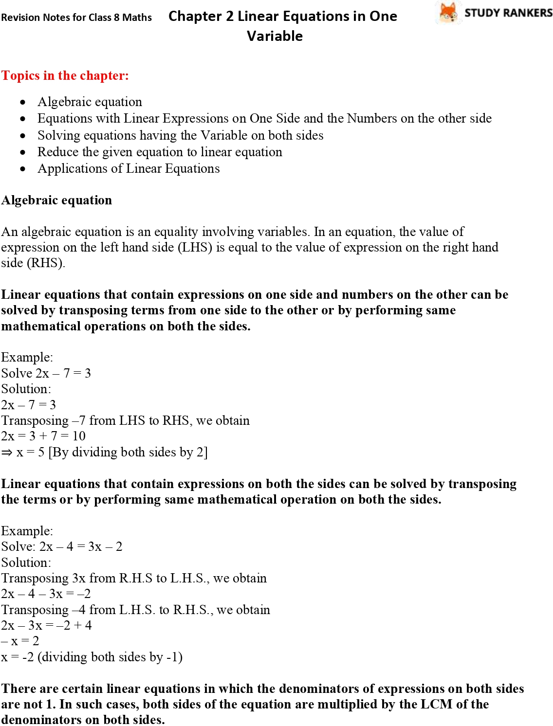 CBSE Revision Notes for Class 8 Chapter 2 Linear Equations in One Variable Part 1 CBSE Revision Notes for Class 8 Chapter 2 Linear Equations in One Variable Part 1