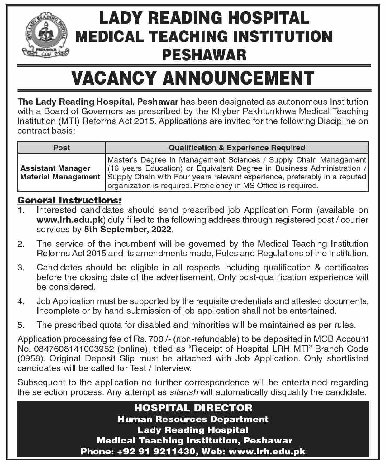 Latest Medical Teaching Institution MTI Management Posts Peshawar 2022