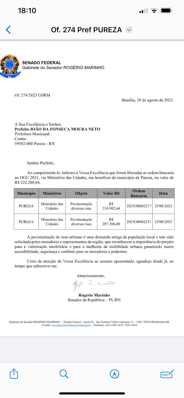 SENADOR ROGÉRIO MARINHO ATENDE PLEITO DE RICARDO BRITO E MANDA MEIO MILHÃO PARA PUREZA