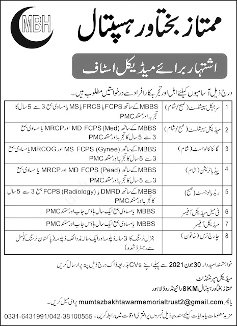 Jobs in Mumtaz Bakhtawar Hospital MBH