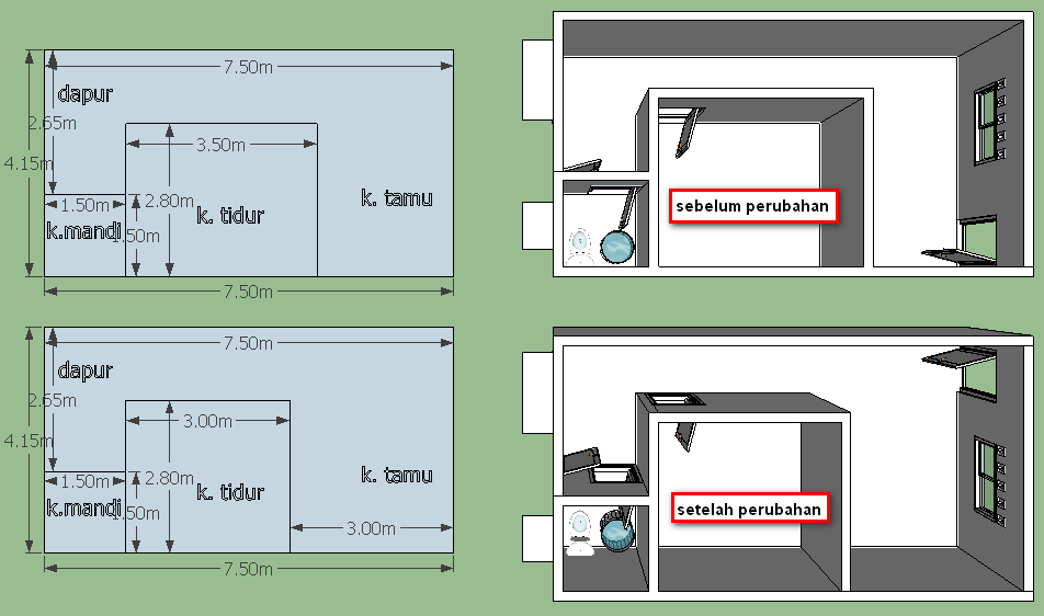 DESAIN SKETCHUP rumah sewa 6 pintu di lahan 10 x 15 m 