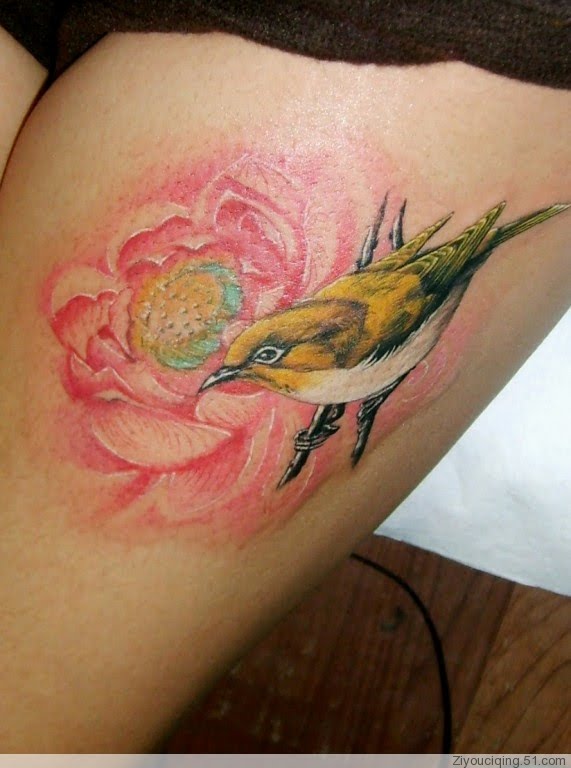 leg tattoos for girls. bird and flower tattoo, leg