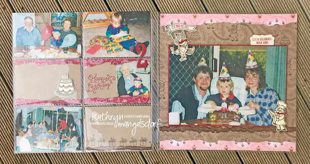 Stampin' Up! Birthday Delivery Bundle, Birthday Delivery, Birthday Memories DSP, Birthday Friends Framelits Dies, Birthday Scrapbooking Page designed by Kathryn Mangelsdorf