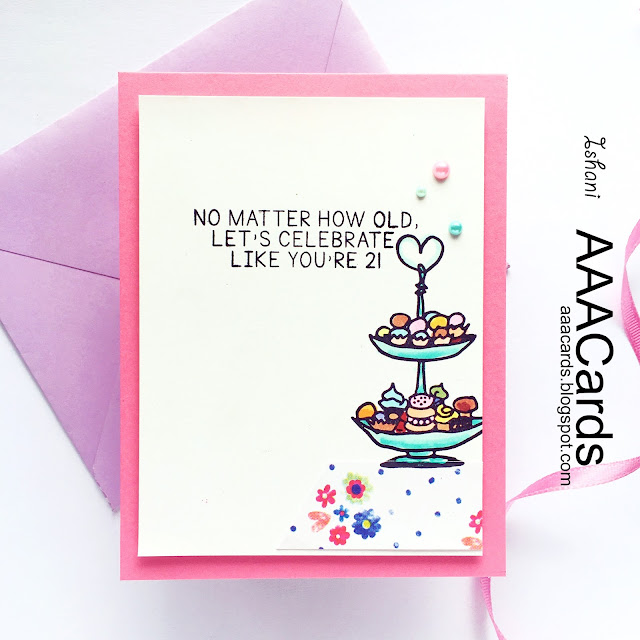 Altenew cake card, Celebrations stamp set, CAS Birthday card, AAA Cards, Quillish, Ishani