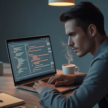 Flutter developer coding REST API integration with error handling on laptop screen