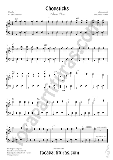  Chopsticks Partitura de Piano Fácil con Acordes Principiantes Easy Sheet Music for Piano Pianists Begginners