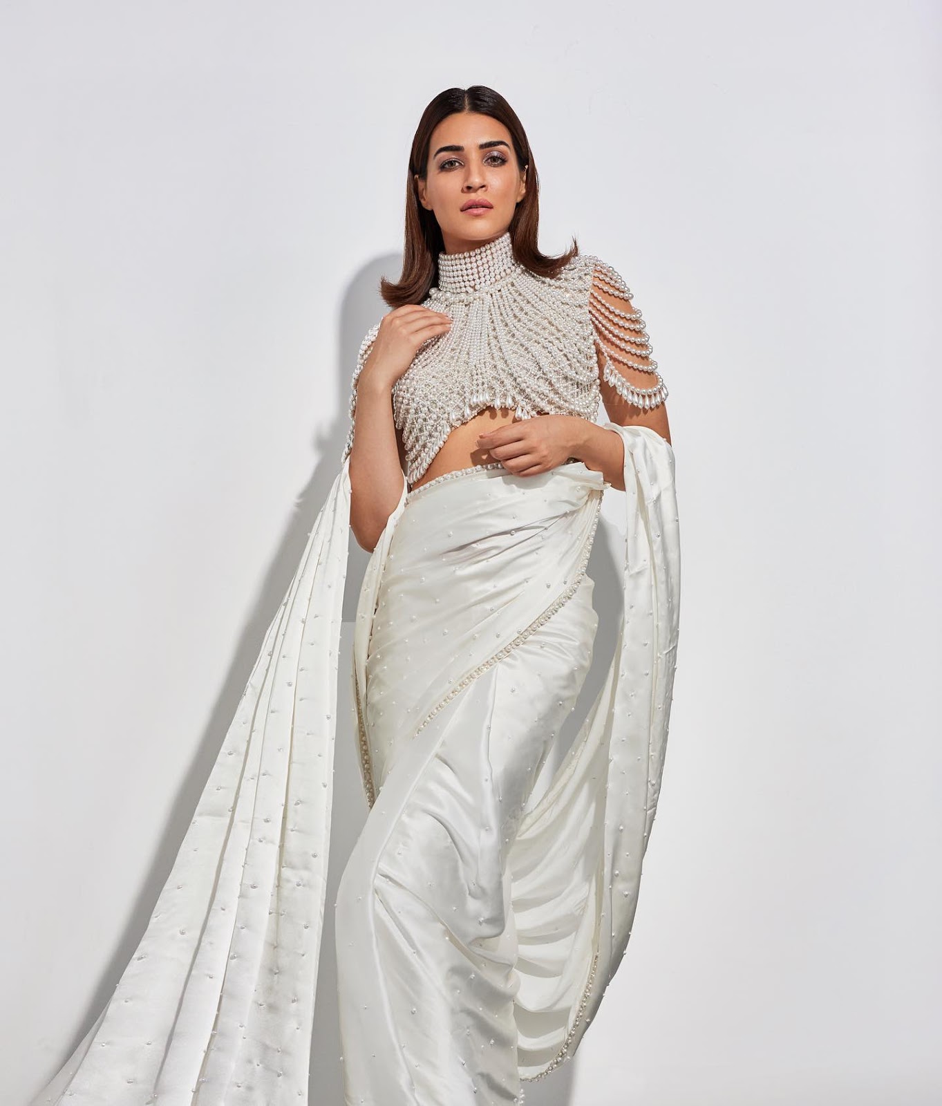 Kriti Sanon pearl blouse white saree