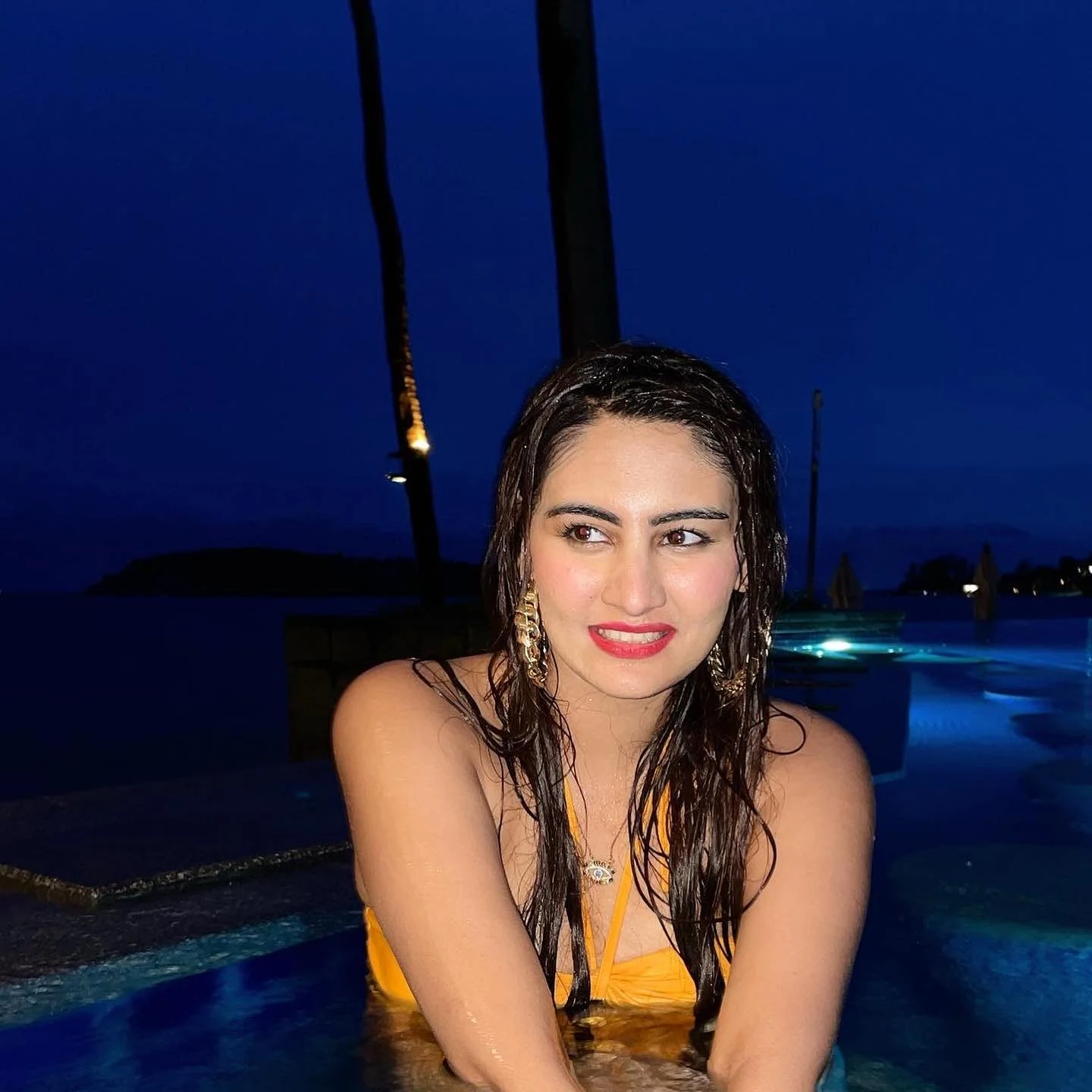 Vedika Bhandari yellow swimsuit hot actress