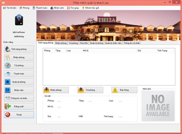 giao diện chính phần mềm quản lý khách sạn