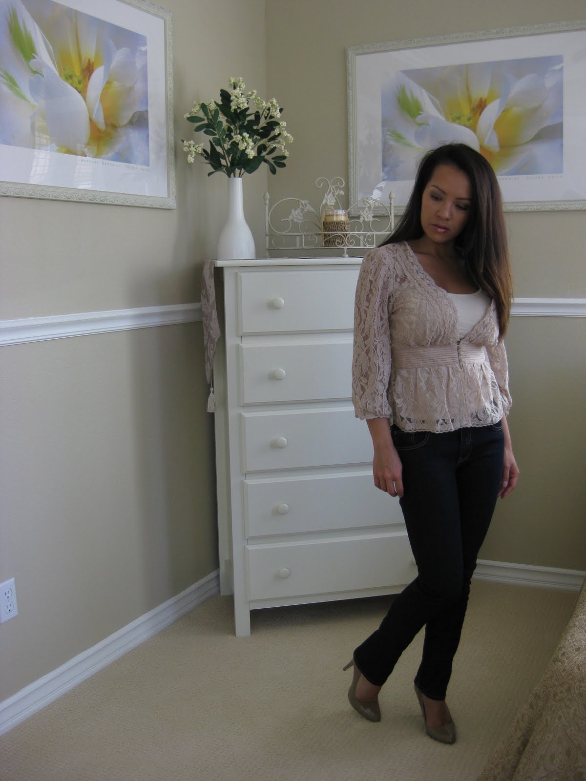 Forever 21 Cream Sheer Lace Top - size small.