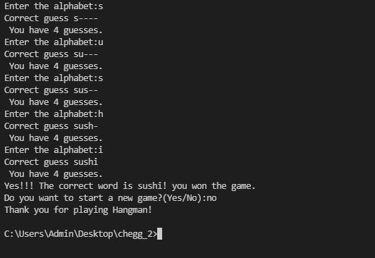 Output of  Python program hangman game