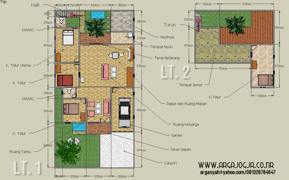 Desain Sketch Denah Rumah 2 Lantai Pada Lahan 10,5x21 meter