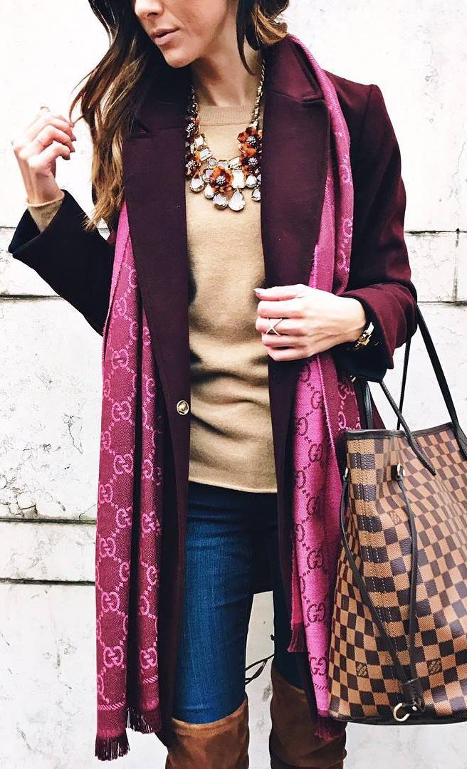 winter outfit of the day | scarf + bag + nude top + coat + skinny jeans + brown over knee boots