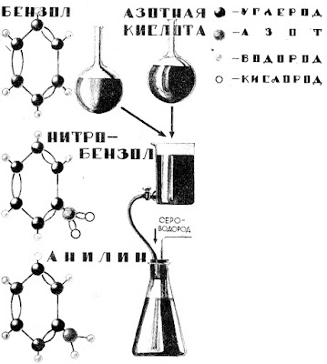 Здесь показан путь, которым Зинин пришел к синтезу анилина. Бензол, легкоподвижная бесцветная жидкость, состоящая из углерода и кислорода, под воздействием азотной кислоты переходит в нитробензол. Что произошло с молекулой бензола? В ней один атом водорода заместился одним атомом азота и двумя атомами кислорода. Обрабатывая нитробензол сероводородом в присутствии аммиака, Зинин и получил анилин, открытие которого сделало эпоху в развитии органической химии.
