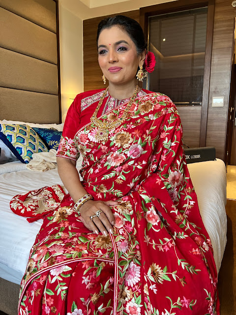 Red hand embroidered parsi gara saree