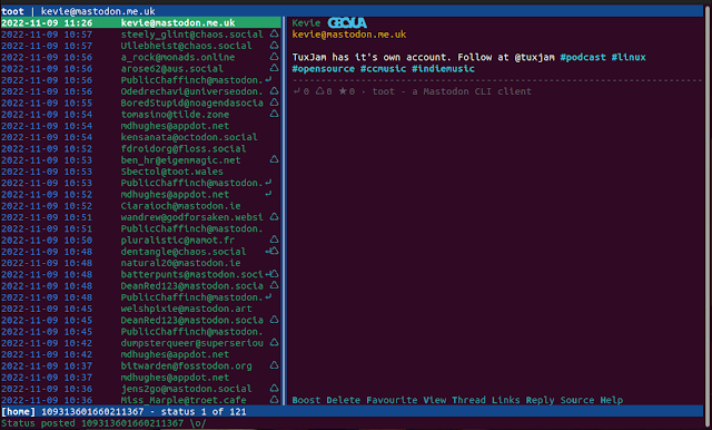 Two panel terminal window showing the time, date and author of the toots on the left and the toot conent on the right.