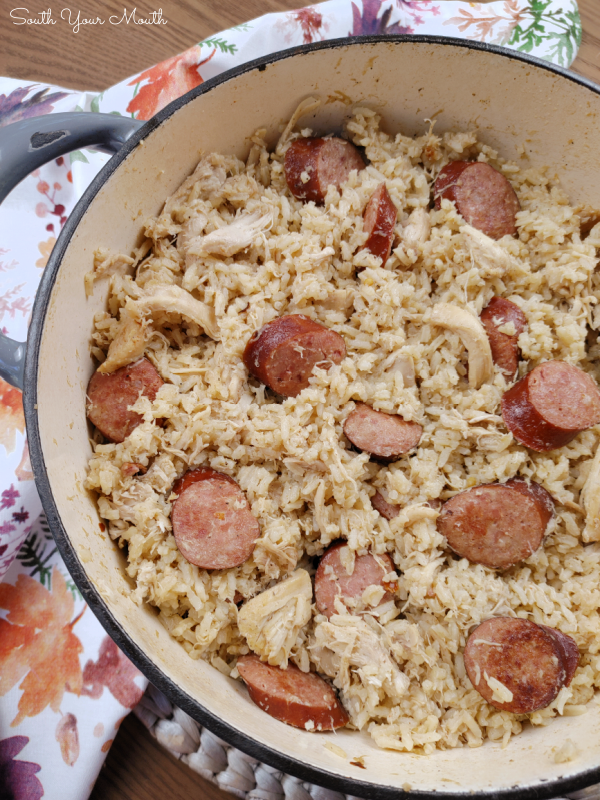 Carolina Chicken Bog! A one-pot recipe of rice, chicken and smoked sausage cooked in a flavorful stock made from slow-cooked chicken. Includes bonus instructions for making a BIG BATCH with 6 cups of rice.