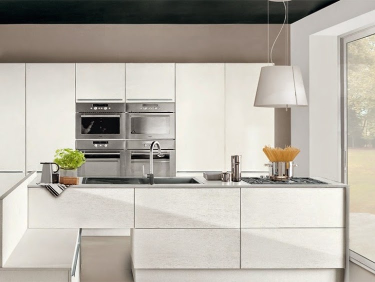 Modern white  gloss  kitchen  units combined with other colors