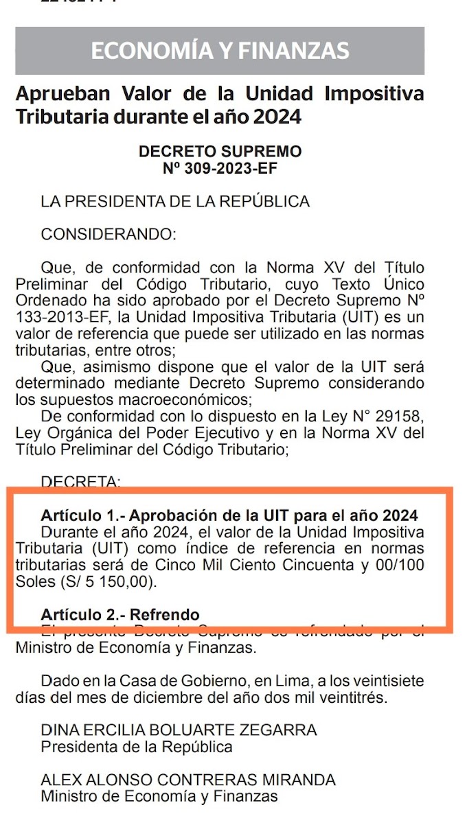 Aprueban nueva unidad impositiva tributaria UIT para el 2024 ¿quieres saber cuánto es?