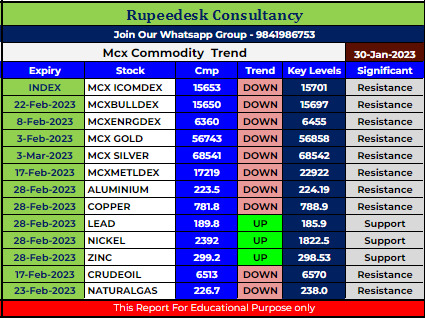 Mcx Commodity Intraday Trend Rupeedesk Reports - 30.01.2023