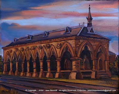 Plein air oil painting of nocturne of Mortuary Stationnear Central Station,  painted by industrial heritage artist Jane Bennett