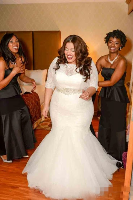 White Lace Sexy Mermaid Plus Size Wedding Dress Half Sleeve Custom Made Bridal Gown-Factory price: US$ 189 