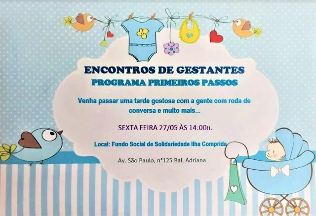 Ilha  Comprida convida para o Encontro de Gestantes - Programa Primeiros Passos na sexta 27/05